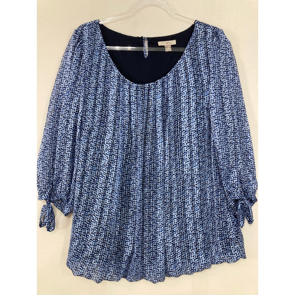 Roz & Ali Blouse 2X Blue Abstract Print Tie Sleeve Scoop Neck Feminine